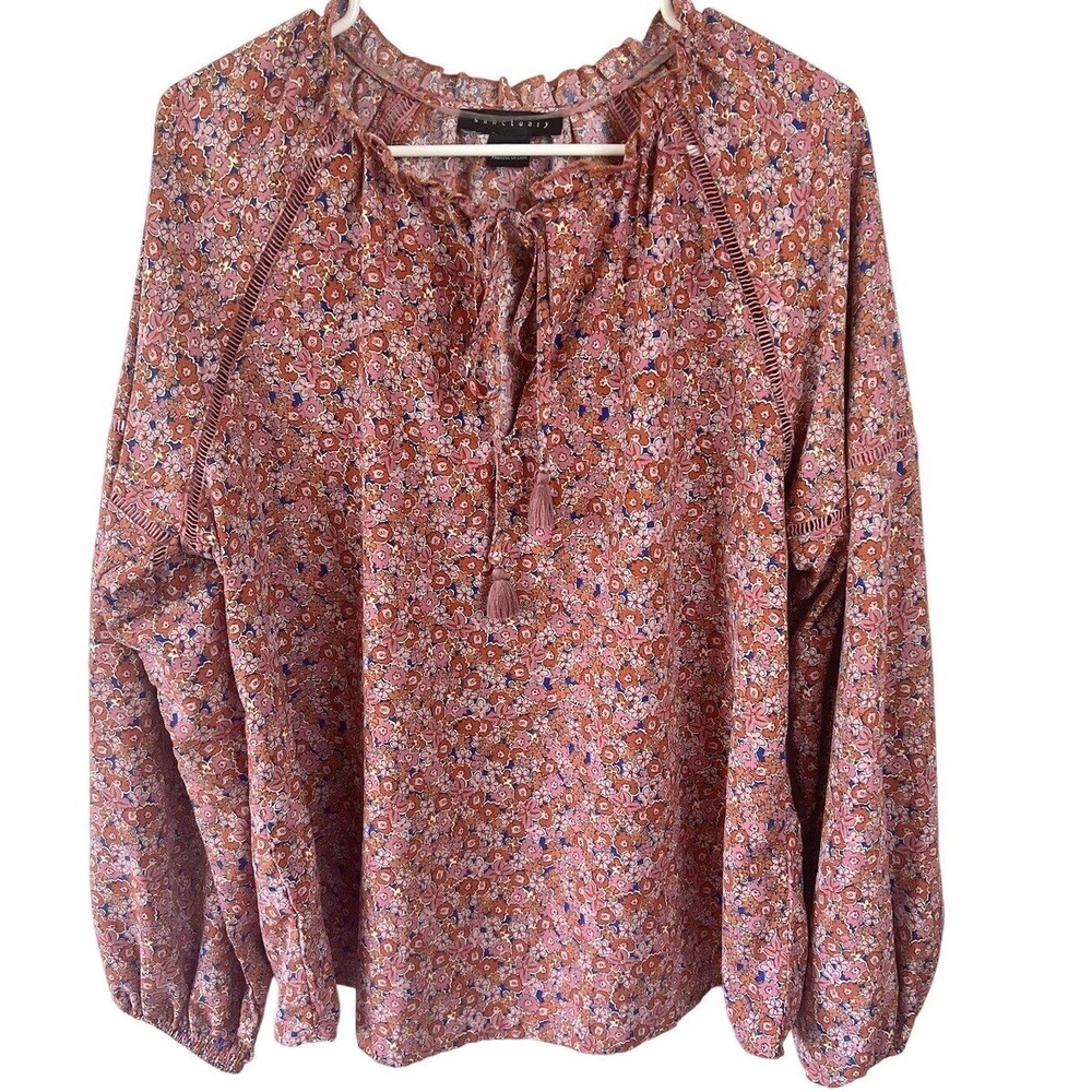 Sanctuary Floral Blouse Size Large - Long Sleeve Ruffle Neckline Tassel Ties